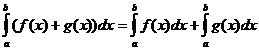 integral(a..b, (f(x)+g(x))*dx) = integral(a..b, f(x)*dx) + integral(a..b, g(x)*dx)
